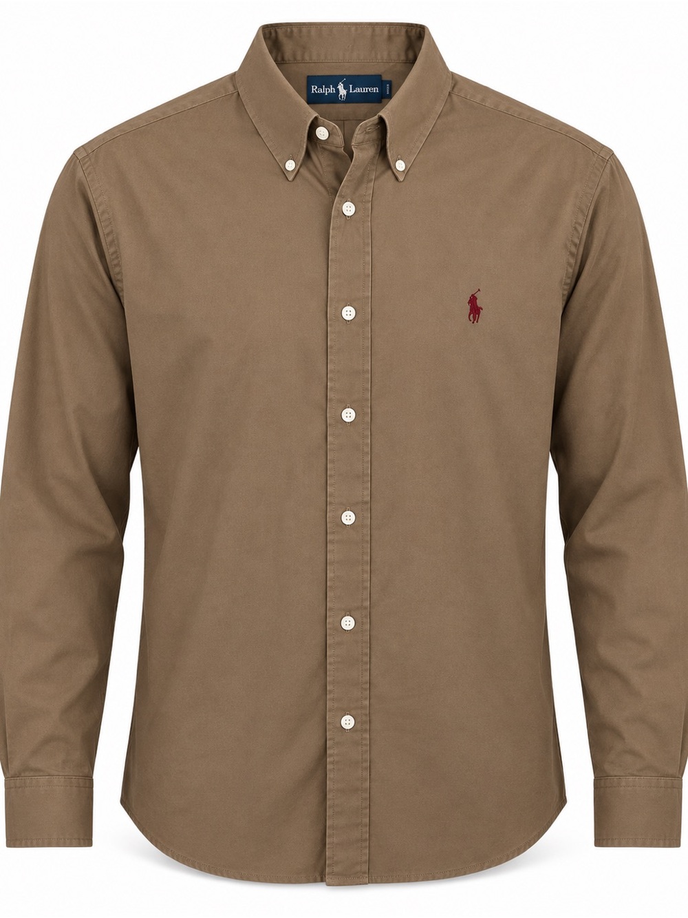 Ralph Lauren Olive Brown Button-Down Oxford Shirt with Maroon Pony Size Medium